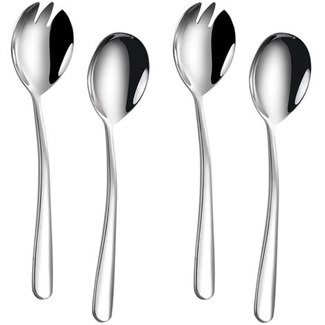 Service à salade en acier inoxydable, ensemble de 4 couverts de service, comprenant une cuillère-fourchette, une cuillère de service et une spork. Dimensions : 19,5 cm x 4,6 cm. (1/5)