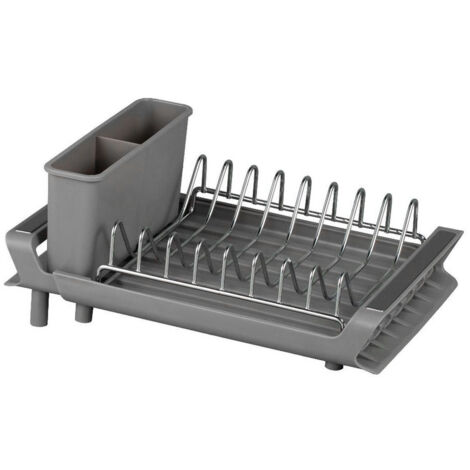 Égouttoir à vaisselle extensible pour plan de travail avec porte-ustensiles, petit égouttoir en acier inoxydable avec plateau égouttoir pour évier (gris) (1/5)
