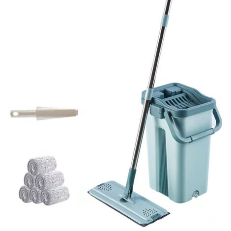 Balai-serpillère plat avec seau, balai-serpillère plat avec 6 lingettes en microfibre (1/5)