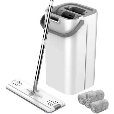 Balai et seau avec essoreuse, système de nettoyage mains libres pour sols plats, 3 lingettes en microfibre lavables incluses, utilisation sur sols secs et humides, idéal pour tous types de sols et fen (1/5)
