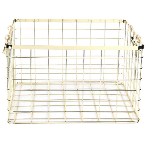 Panier de rangement moderne en acier inoxydable doré avec poignées, organisateur pour la maison