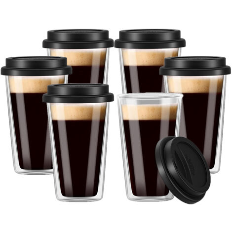 Tasses à café en verre à double paroi avec couvercles en silicone, lot de 6, 35 cl, isothermes, lavables au lave-vaisselle et réutilisables, idéales pour le café du matin ou les boissons chaudes ou fr (1/5)