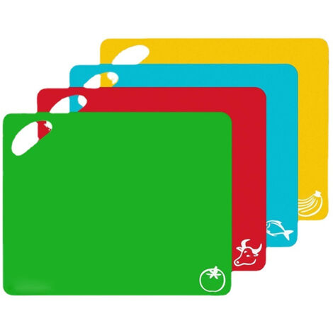 Ensemble de 4 planches à découper en plastique pour la cuisine - Tapis de découpe extra épais et flexible, antidérapant, avec pictogrammes alimentaires colorés et poignées ergonomiques, compatible lav (1/5)