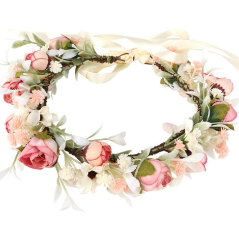 Couronne de fleurs pour cheveux, couronne de fleurs bohème rose florale - Couronne de fleurs pour cheveux, couronne de fleurs bohème rose florale (1/5)