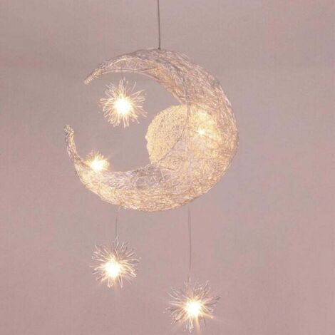 Lustre suspendu industriel en aluminium avec 5 ampoules LED en forme de lune et d'étoiles (lumière blanc chaud), idéal pour une chambre d'enfant. (1/5)