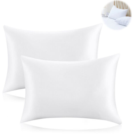 Lot de 2 taies d'oreiller blanches standard 50 x 75 cm avec fermeture portefeuille, en microfibre douce et infroissable. (1/5)