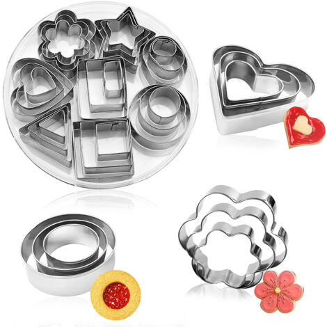 Ensemble de 24 emporte-pièces en acier inoxydable : mini-emporte-pièces en forme de cœur, d'étoile, de cercle, de fleur, pour la décoration de biscuits, de fondant et de gâteaux. (1/5)