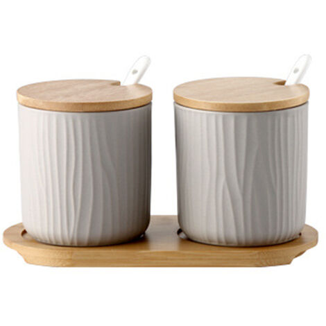 Ensemble de 2 pots à épices en céramique OnePine, sucrier en céramique avec cuillère et couvercle en bambou pour le thé, le sucre, le sel et les épices. Idéal pour la maison et la cuisine. (1/5)