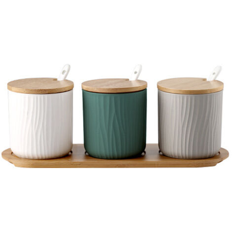 Ensemble de 2 pots à épices en céramique OnePine, sucrier en céramique avec cuillère et couvercle en bambou pour le thé, le sucre, le sel et les épices. Idéal pour la maison et la cuisine. (1/5)