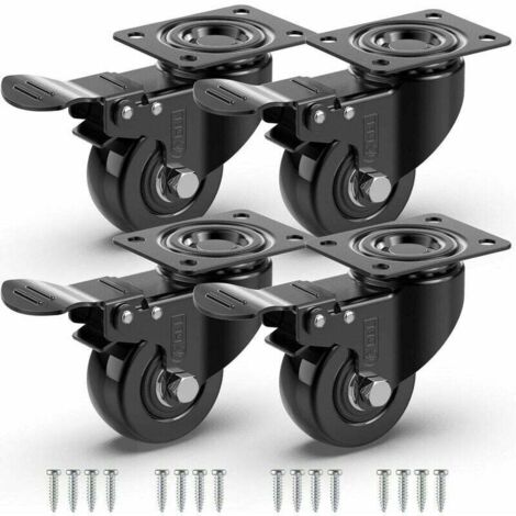 4 roulettes pivotantes pour meubles avec freins et vis - 50 mm, charge maximale 200 kg - roulettes robustes non marquantes - roues en caoutchouc pour chariot - noires (1/5)