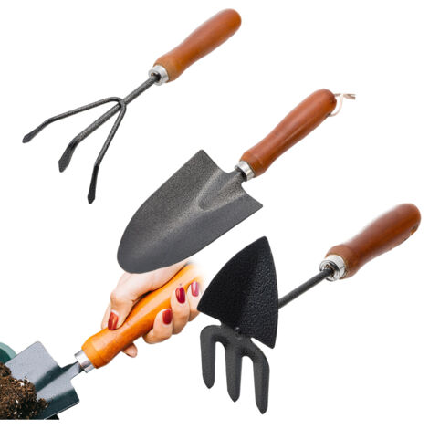 Un ensemble de trois outils de jardinage, comprenant une pelle à ameublir, une pelle à creuser et une pelle à planter pour les semis et la culture des fleurs. (1/5)