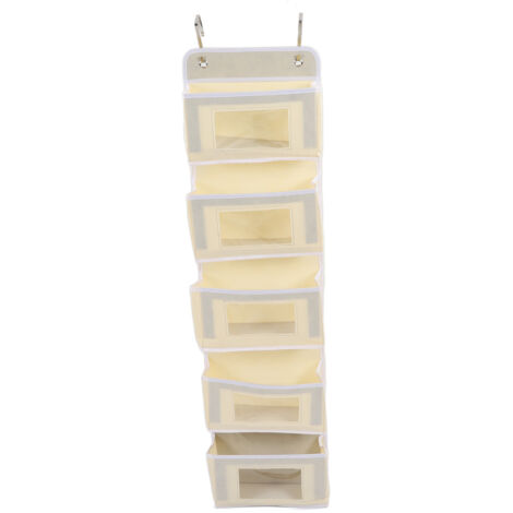 Sac de rangement suspendu à 5 poches avec crochets, compatible avec une fixation murale. Idéal pour le garde-manger, la chambre d'enfant, la cuisine, le dressing et la chambre d'étudiant. Beige. (1/5)