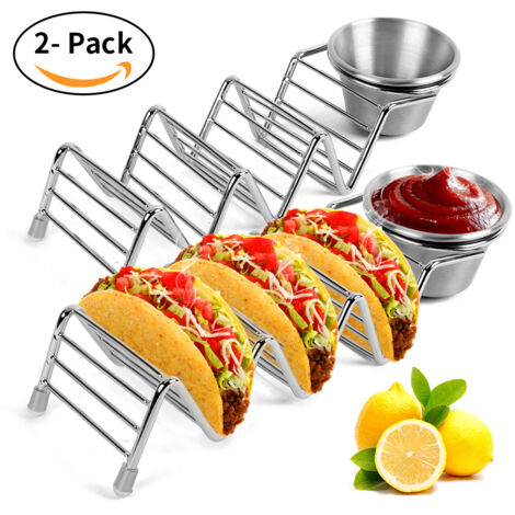 Présentoir à tacos avec coupelle à salsa, lot de 2 présentoirs à tacos en acier inoxydable, présentoir à tacos en forme de V avec coupelle à salsa (1/5)