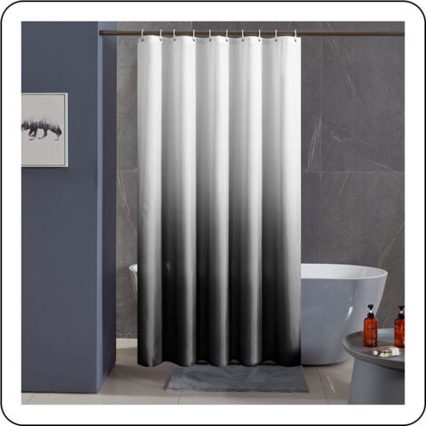 Rideau de douche, en textile, résistant à la moisissure et à l'eau, lavable, en polyester, blanc à noir, style étroit, 120x200 cm, avec 8 anneaux de rideau de douche. (1/5)