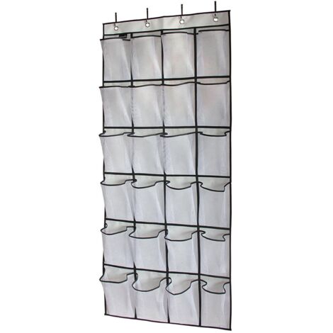 Sac de rangement pour chaussures à fixer derrière la porte, avec 24 poches en filet, blanc. (1/5)