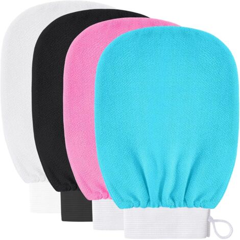 Gants exfoliants (lot de 4), gants de gommage corporel, gants de gommage corporel exfoliants en profondeur, éliminent les peaux mortes, gants de douche exfoliants, unisexe (noir, blanc, bleu, rose rou (1/5)