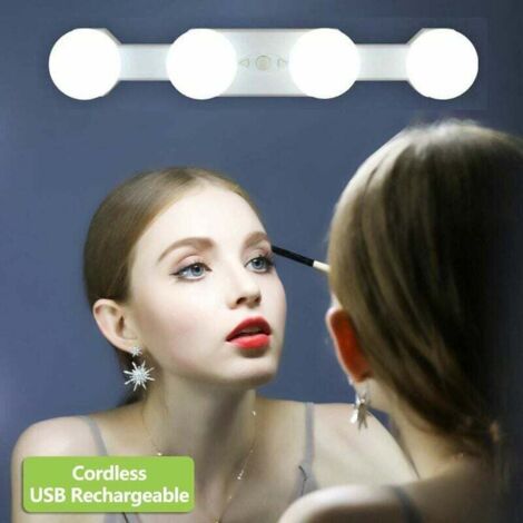 Miroir de maquillage lumineux à LED, 4 ampoules, lumière de maquillage à intensité variable, miroir de maquillage lumineux portable, miroir de maquillage lumineux à chargement sans fil, éclairage du m (1/5)