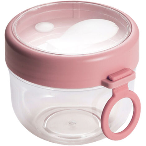 Pot à yaourt portable en plastique avec couvercle et cuillère, pot à dessert étanche, idéal pour le petit-déjeuner au yaourt, le porridge, etc., rose. (1/5)