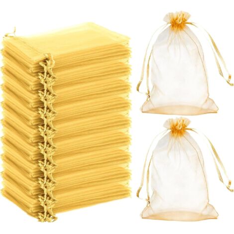 Sachet Organza - 100 Pièces - Doré - 7x9 cm - Cordon de Serrage - Pour Bijoux et Dragées (1/5)