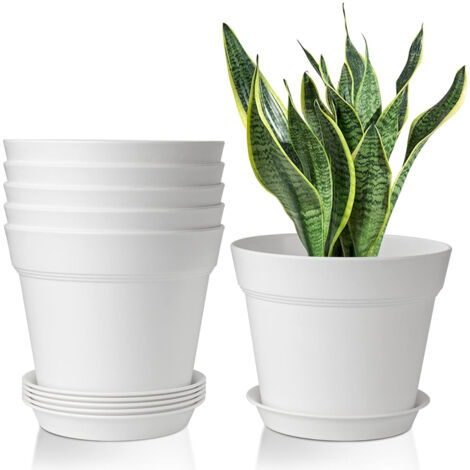 Ensemble de 6 pots de fleurs en plastique blanc imitation céramique (avec soucoupe) - Pots ronds avec plusieurs trous de drainage au fond, spécialement conçus pour la culture de plantes grasses, cactu (1/5)