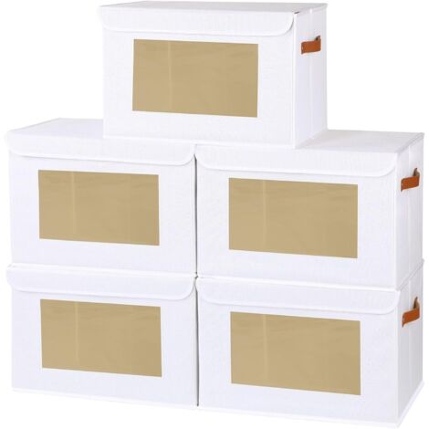 Lot de 5 Boite Rangement - Lin Blanc - Avec Couvercle Et Fenetre - Pour Armoire Et Chambre - 38x25x25cm (1/5)