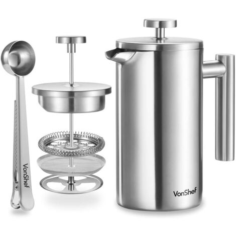 Cafetière à Piston 800 ml - Acier Inoxydable - Filtre Lavable - 6 Tasses - Double Paroi (1/5)