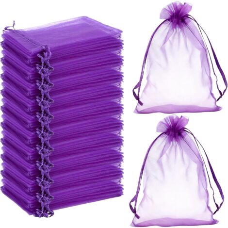 Sachet Organza - 100 Pièces - Tissu Transparent - Cordon de Serrage - Mariage Bijoux Bonbons - 7x9 cm Violet Foncé (1/5)