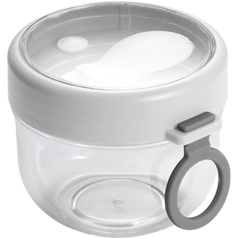 Pot à yaourt portable en plastique avec couvercle et cuillère, pot à dessert étanche, idéal pour le petit-déjeuner au yaourt, le porridge, etc., blanc. (1/5)