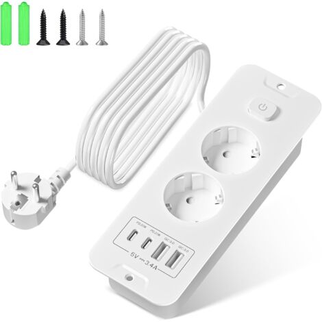 Prise Encastrable 6 En 1 - 2 Prises Secteur Et 4 Ports USB - Avec Interrupteur - Pour Cuisine Et Bureau (1/5)