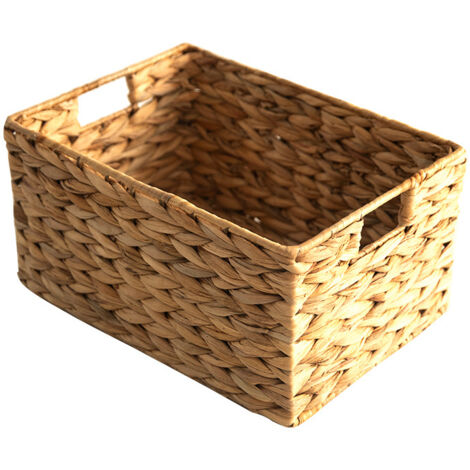 Panier tressé en jacinthe d'eau, structure en métal - panier de rangement rustique en calebasse tressée - avec poignée - convient pour le salon, le dressing ou la chambre - 39 cm de large x 28 cm de p (1/5)