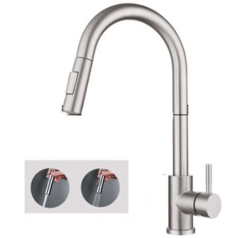 Robinet de cuisine avec douchette extractible, bec haut, bec pivotant à 360°, 2 modes de jet, finition brossée. (1/5)