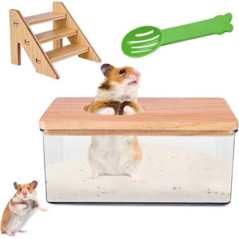 salle de bain pour hamster carrée en acrylique transparent avec échelle, pelle et couvercle en bois naturel (1/5)