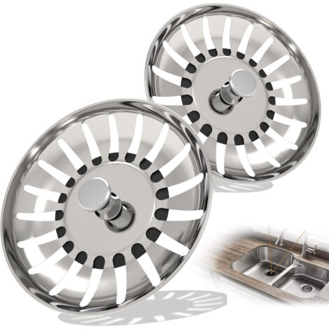 Lot de deux bouchons de crépine d'évier de cuisine, en acier inoxydable épais, avec deux joints d'étanchéité en silicone, adaptés aux éviers britanniques avec un diamètre de trou de 80 mm. (1/5)