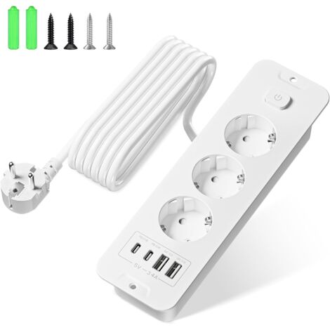 Prise Encastrable - 1 Unité - Blanc - 7 Sorties Dont 4 USB - Pour Bureau Et Cuisine - Avec Interrupteur (1/5)