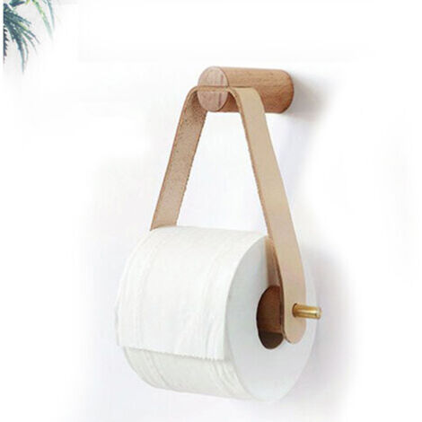 Porte-papier toilette en bois, porte-papier toilette mural rétro, convient aux cuisines, salles de bains et toilettes, style nordique, bois de hêtre, poignées en laiton, cuir (blanc). (1/5)