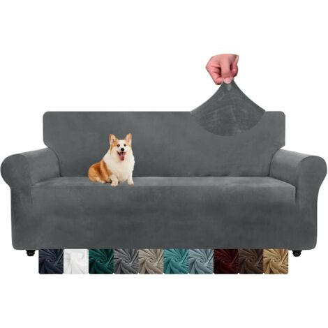Housse de canapé 3 places - Velours extensible - Protection animale - Antidérapant - Salon - Gris (1/5)