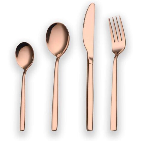 Couverts - Lot de 24 - Acier Inoxydable - Plaqué Or Rose - 6 Personnes - Cuivre Poli