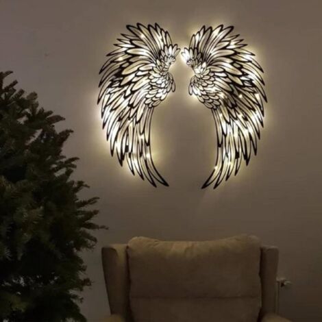 Décoration murale ailes d'ange en métal, sculpture murale ailes d'ange avec ou sans lumières LED, sculpture murale 3D, décoration murale moderne en métal, convient au salon et à la chambre, avec lumiè (1/5)