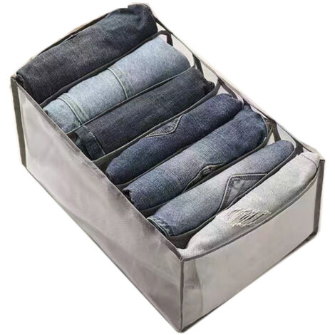 Boîte de rangement portable en filet, boîte de rangement multifonctionnelle pliable avec séparateur de tiroir, adaptée aux pantalons et jeans, grise à 7 compartiments. (1/5)