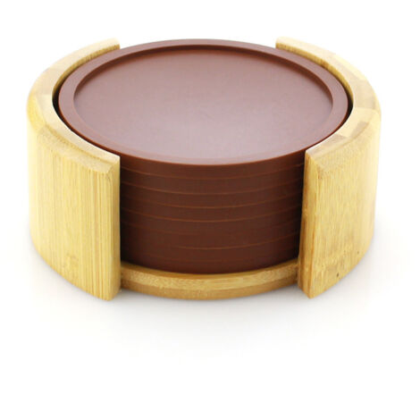 Ensemble de sous-verres en silicone, couleur café, 8 pièces, plateau en bambou inclus, en boîte. (1/5)