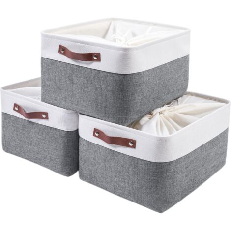 Panier de Rangement en Tissu - Lot de 3 - Coton et Métal - Avec Cordon - Pour Placard et Étagère - 50x40x30 cm (1/5)