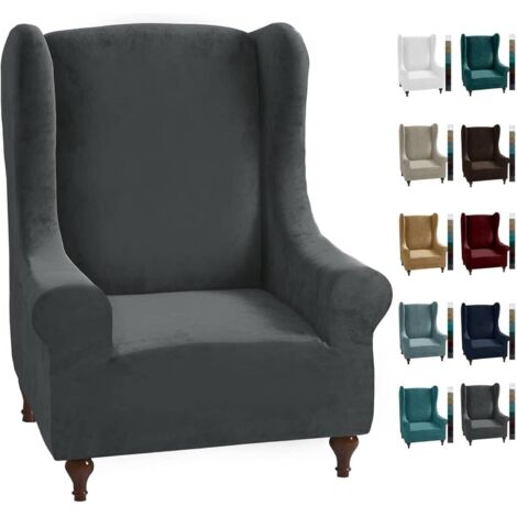 Housse de Fauteuil à Oreilles - 1 Pièce - Velours Extensible - Antidérapante - Protection Complète - Gris (1/5)