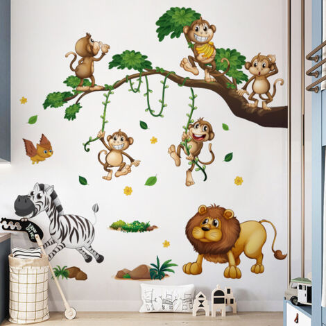 Stickers muraux animaux de la jungle, avec motifs d'arbres, singes, lions et zèbres, parfaits pour décorer les chambres d'enfants, les crèches et les salons. Plusieurs modèles disponibles. (1/5)