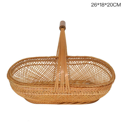 Panier en bambou fait main, panier de rangement portable à long manche, panier de pique-nique portable en bambou pour légumes, fruits et pain, tissé à la main dans des couleurs naturelles. (1/5)