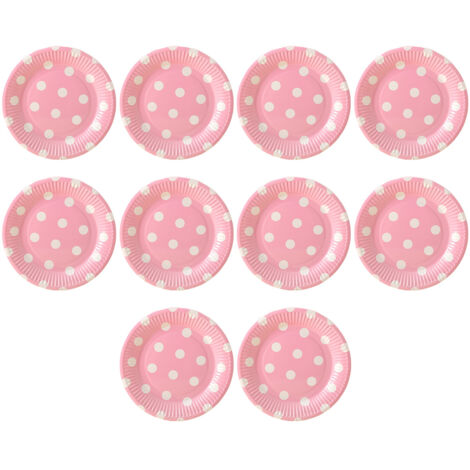 Lot de 10 articles de fête : plateaux en papier à pois de 18 cm, moules à gâteaux, plats à barbecue jetables (roses) (1/5)