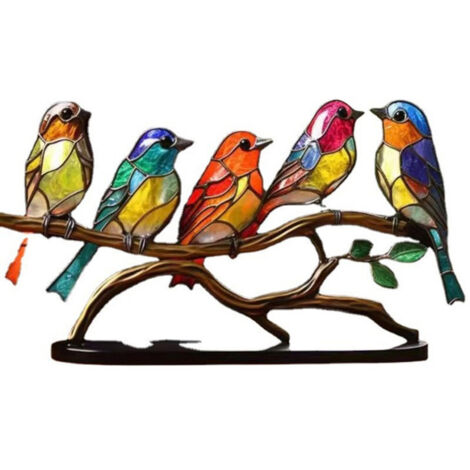 Perchoir à oiseau en vitrail sur une branche, ornement de bureau, perchoir à oiseau en métal plat et réaliste. (1/5)