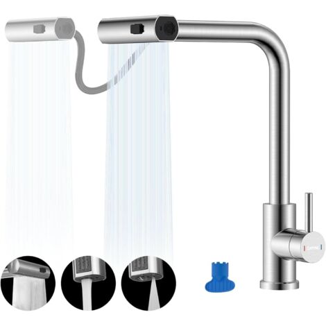 Robinet de cuisine - 1 unité - Acier inoxydable SUS304 - Cascade extensible 3 jets - Évier double ou simple - Noir mat (1/5)