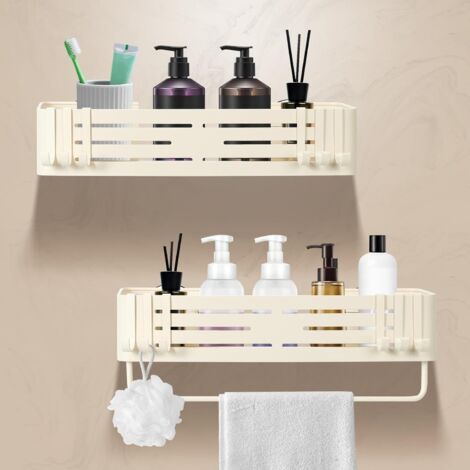 Étagère Douche Sans Percage - Lot De 2 - Aluminium - Avec Porte-Serviettes - Salle De Bain Et Cuisine - 32x13x6,6cm - Crème (1/5)