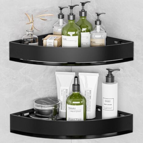 Étagère Douche Angle - Lot de 2 - Aluminium Noir - Sans Percage - Rangement Salle de Bain - 8 kg (1/5)