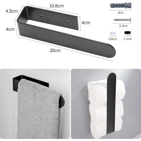 Porte-Serviettes - Lot de 2 - Alliage Aluminium - Noir Mat - Sans Perçage ou À Visser - Salle de Bain et Cuisine - 20 cm (1/5)